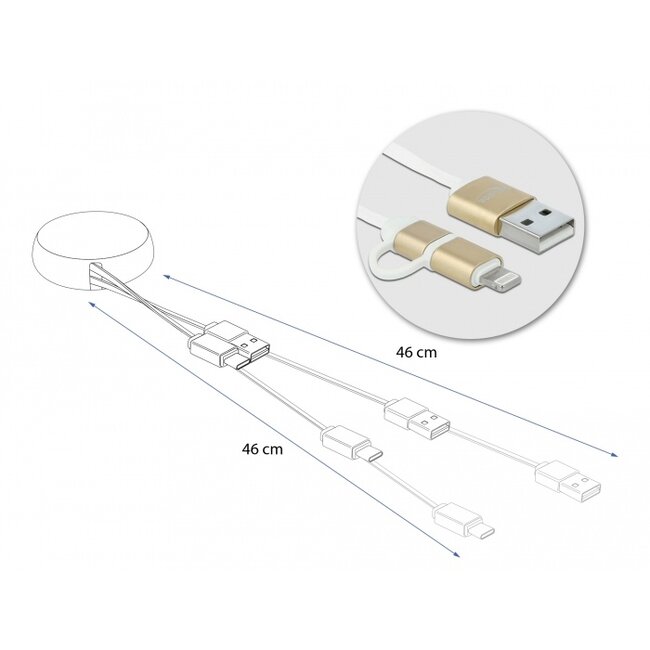 Delock USB 2 in 1 Retractable Cable Type-A to Micro-B and Lightning™ white / gold