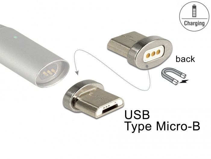 DeLOCK 65929. Aansluiting 1: USB Type Micro-B, Aansluiting 2: magnet interface. Kleur van het product: Zilver