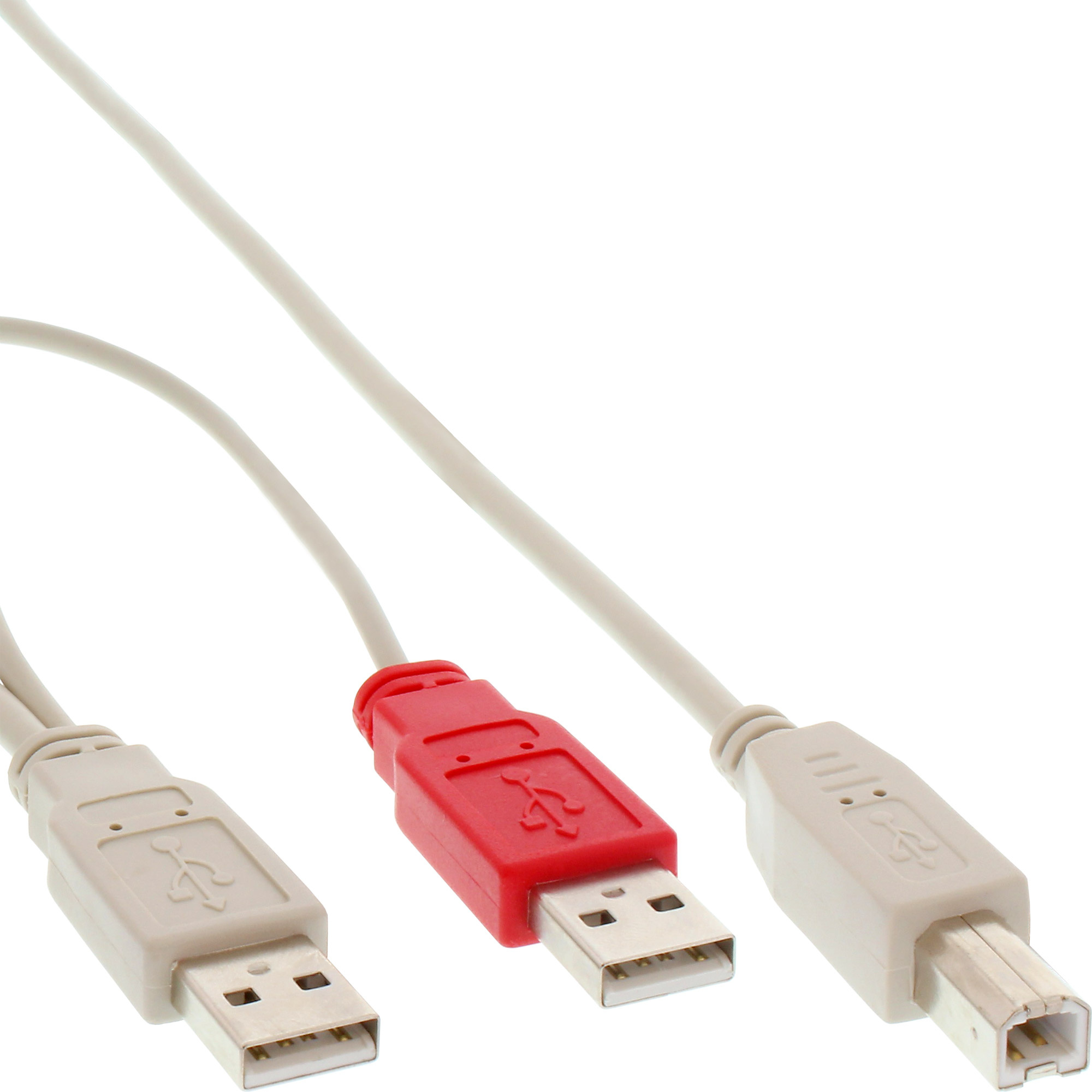 InLine 34510X. Snoerlengte: 1 m, Aansluiting 1: 2 x USB A, Aansluiting 2: USB B, Geslacht connector: Mannelijk/Mannelijk, Maximale overdrachtssnelheid van gegevens: 480 Mbit/s, Kle