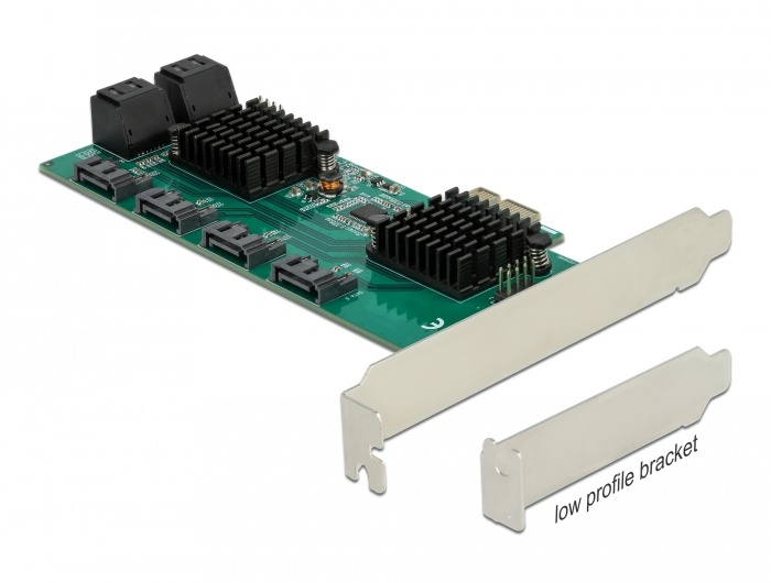 DeLOCK 90072. Hostinterface: PCIe, Output interface: SATA, Uitbreidingskaart vormfactor: Low-profile. Kleur van het product: Zwart, Groen, Grijs. Data transfer snelheid (max): 6 Gb