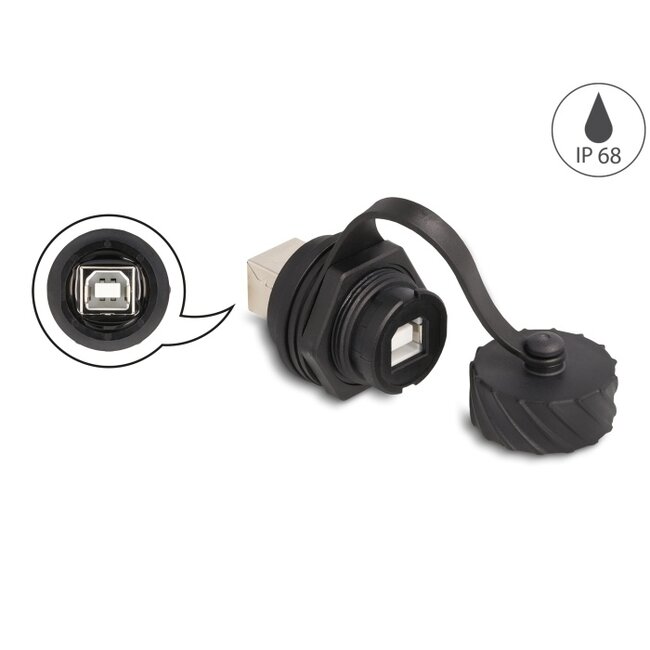 Delock Cable Connector USB 2.0 Type-B female to female for installation with bayonet protective cap IP68 dust- and waterproof black