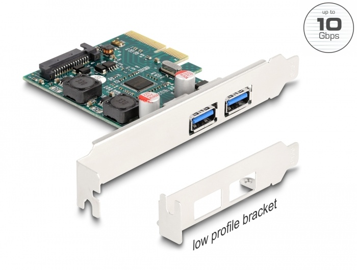 Delock PCI Express x4 Card to 2 x external USB 10 Gbps Type-A female - Low Profile Form Factor |