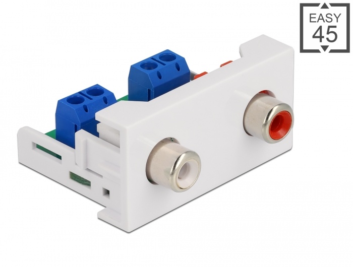 DeLOCK 81338. Aansluiting(en): 2 x RCA, Kleur van het product: Wit, Geslacht connector: Vrouwelijk. Breedte: 45 mm, Diepte: 22,5 mm, Hoogte: 39 mm. Aantal per verpakking: 1 stuk(s)