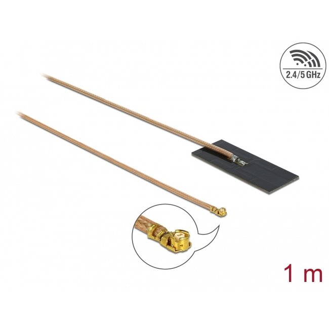 Delock WLAN 802.11 ac/ax/a/h/b/g/n Antenna I-PEX Inc., MHF® I plug 0.5 - 1.2 dBi RG-178 1 m PCB internal self adhesive