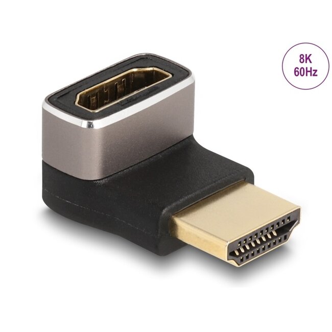 Delock HDMI Adapter male to female 90° downwards angled 8K 60 Hz grey metal