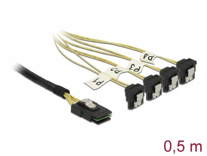 DeLOCK 85686. Snoerlengte: 0,5 m, Aansluiting 1: 1 x Mini SAS SFF-8087, Aansluiting 2: 4 x SATA 7 pin. Type verpakking: Polybag