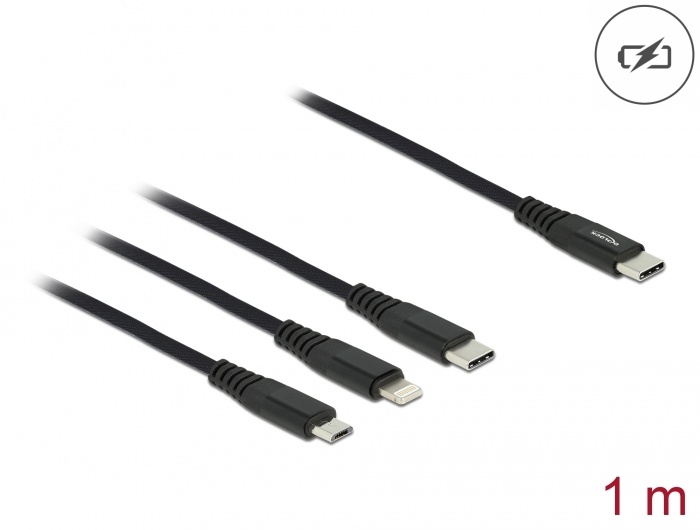 DeLOCK 87149, 1 m, USB C, USB C/micro-USB B/Lightning, USB 2.0, Zwart