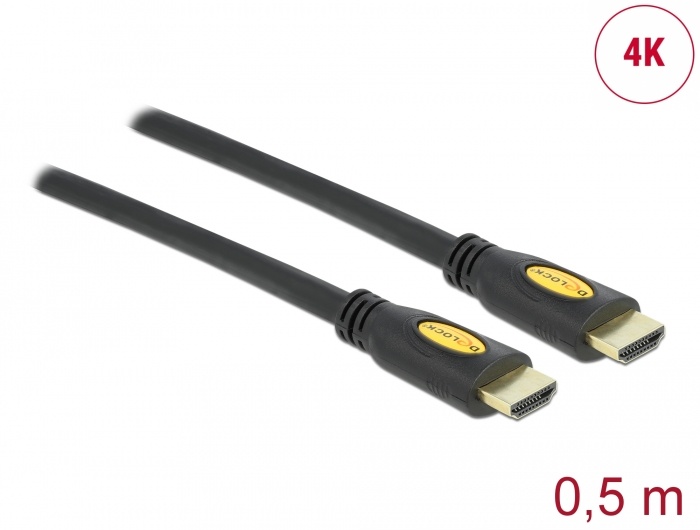 DeLOCK 83737. Lengte snoer: 0,5 m, Aansluiting 1: HDMI Type A (Standard), Aansluiting 1 type: Mannelijk, Aansluiting 2: HDMI Type A (Standard), Aansluiting 2 type: Mannelijk, Conta