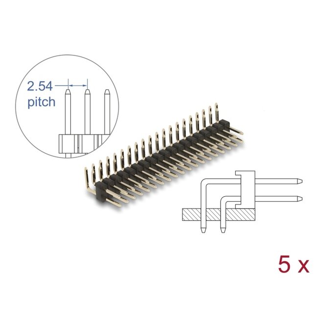 Delock Pin header 20 pin, pitch 2.54 mm, 2-row, angled, 5 pieces