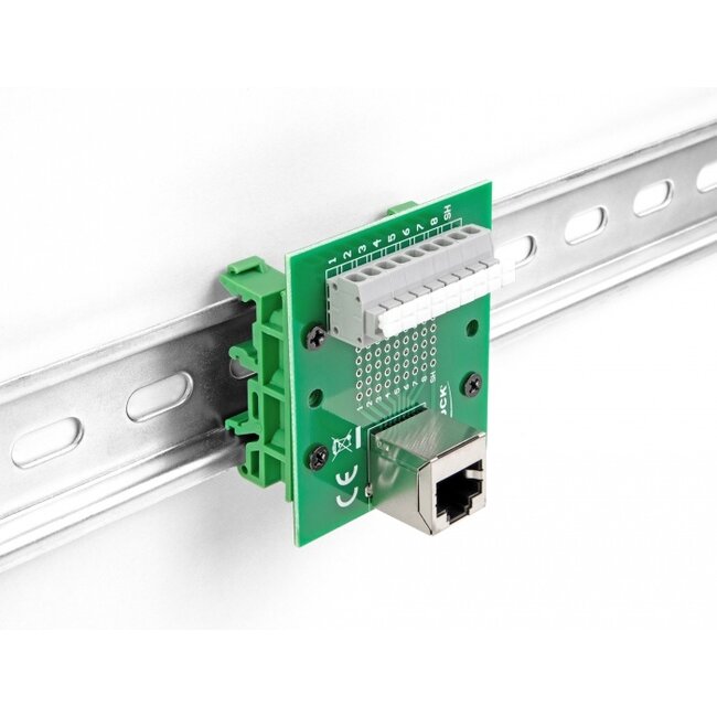 Delock RJ45 female to Terminal Block with push-button for DIN rail angled