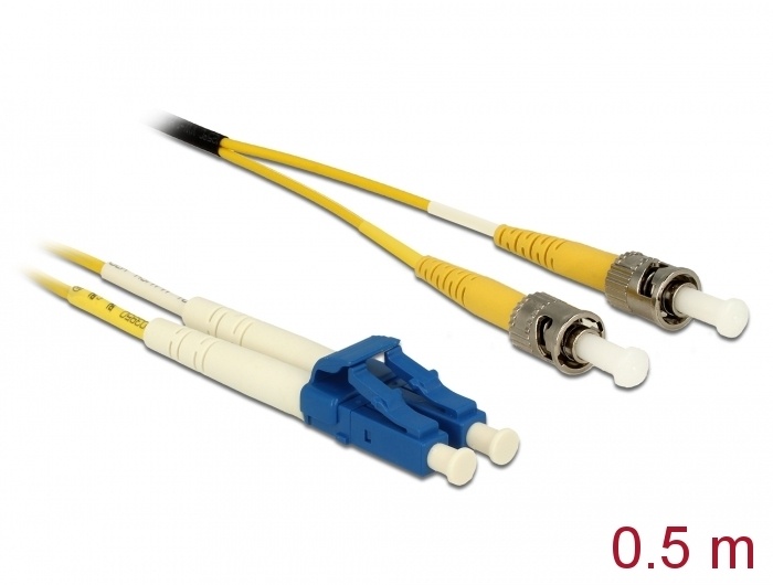 DeLOCK 86569. Snoerlengte: 0,5 m, Type glasvezel: OS2, Aansluiting 1: LC, Aansluiting 2: ST, Kern diameter: 9 µm, Full duplex