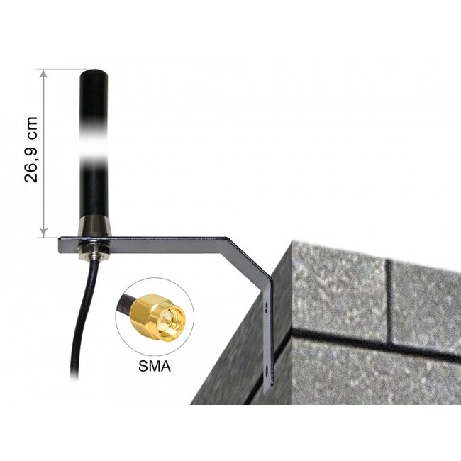 Delock LTE UMTS GSM Antenna SMA plug 3 dBi omnidirectional fixed with connection cable RG-58, 3 m wall mounting outdoor black
