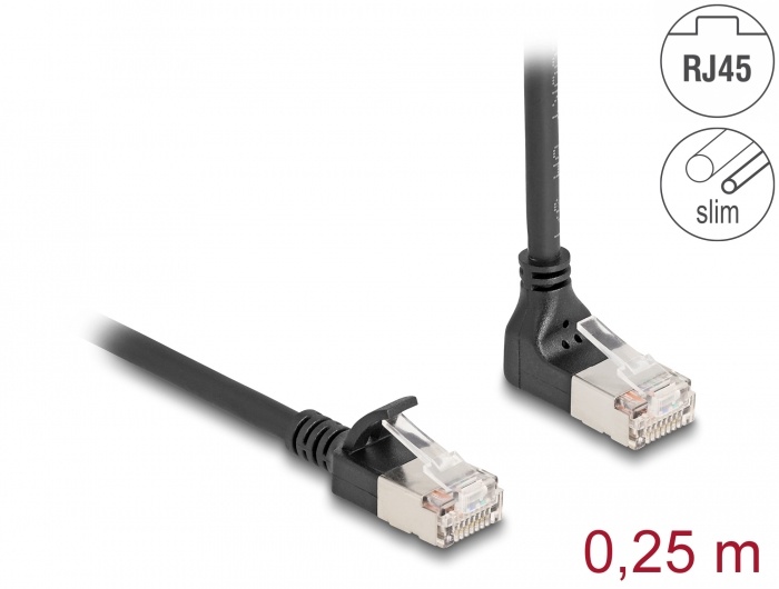 Delock RJ45 Network Cable Cat.6A S/FTP Slim 90° upwards angled / straight 0.25 m black |