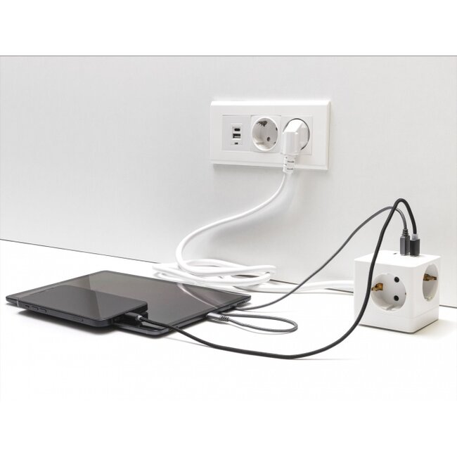 Delock Extension Socket Cube 3-way with childproof lock and USB charger, 1.5 m cable, white