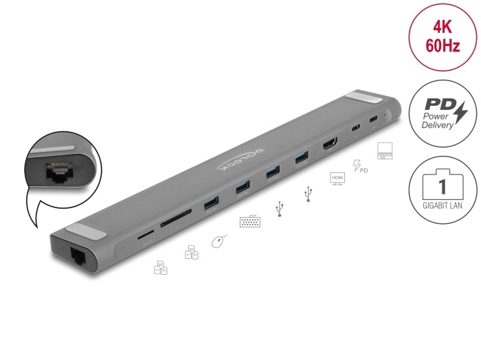 Delock USB Type-C™ Slim Docking Station 4K - HDMI / USB 3.2 Gen 1 / LAN / SD / PD 3.0 |