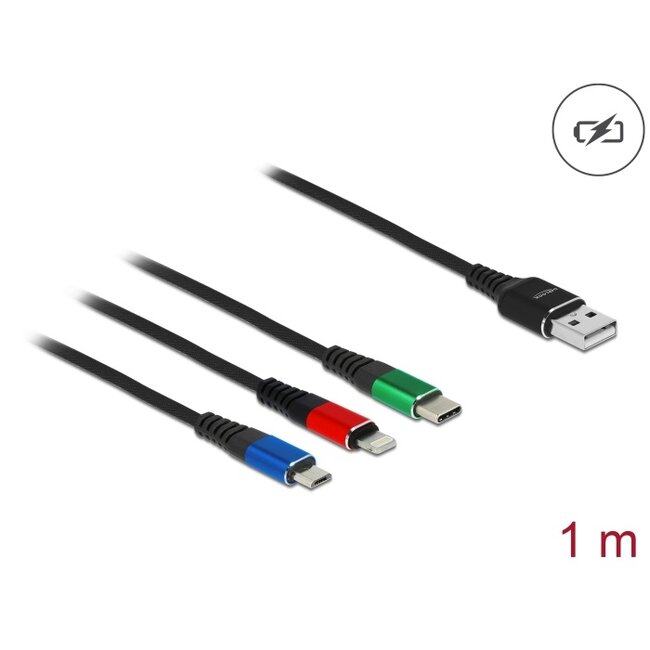Delock USB Charging Cable 3 in 1 Type-A to Lightning™ / Micro USB / USB Type-C™ 1 m 3-coloured