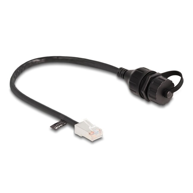 Delock Cable RJ45 male to RJ45 female for built-in with sealing cap Cat.5e FTP IP68 dust and waterproof 25 cm black