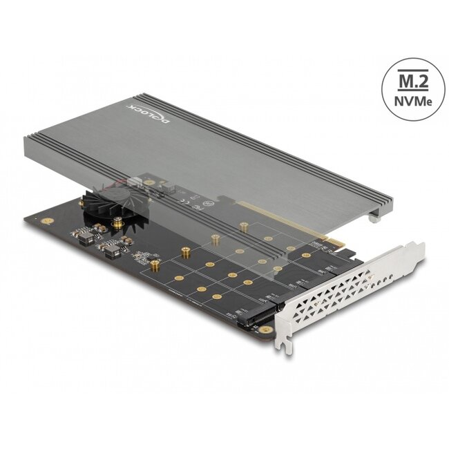 Delock PCI Express x16 Card to 4 x internal NVMe M.2 Key M with Heat Sink and Fan - Bifurcation