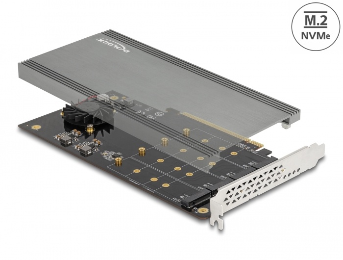 Delock PCI Express x16 Card to 4 x internal NVMe M.2 Key M with Heat Sink and Fan - Bifurcation |