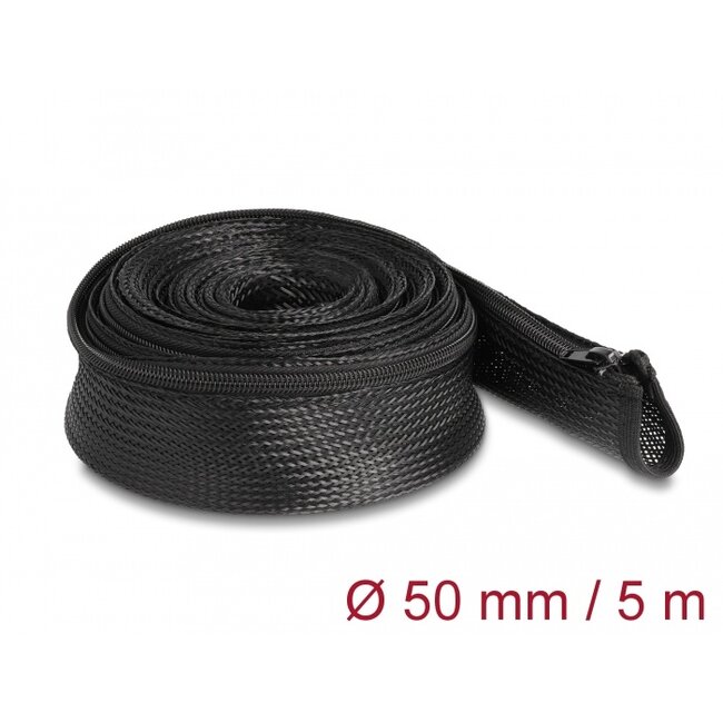 Delock Braided Sleeve with zip fastener heat-resistant 5 m x 50 mm black