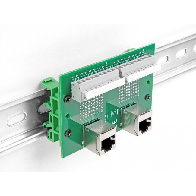 Delock RJ45 2 x female to 2 x Terminal Block with push-button for DIN rail angled