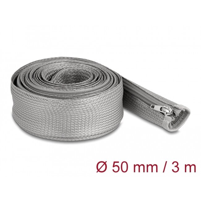 Delock Braided Sleeve with zip fastener heat-resistant 3 m x 50 mm grey