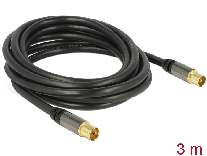 DeLOCK 88924. Aansluiting 1: IEC, Aansluiting 2: IEC, Contact geleider materiaal: Goud. Soort kabel: RG-6/U, Lengte snoer: 3 m, Kleur van het product: Zwart. Aantal inbegrepen prod