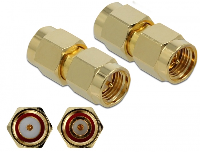 DeLOCK 89970. Aansluiting(en): SMA, SMA, Kleur van het product: Goud, Contact geleider materiaal: Goud. Outer diameter: 5,5 mm, Diepte: 18,9 mm. Aantal per verpakking: 1 stuk(s). T