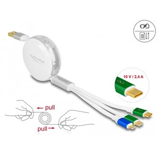 DeLOCK Delock USB 3 in 1 Retractable Charging Cable Type-A to Micro USB / 2 x USB Type-C™ with Fast Charging white