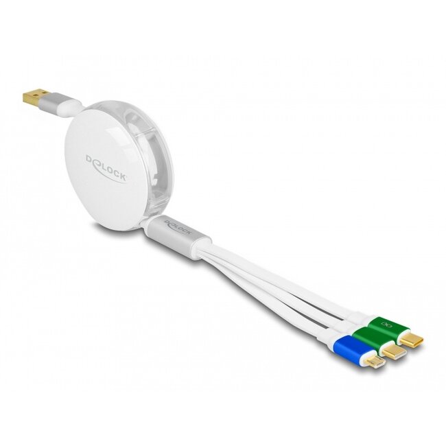 Delock USB 3 in 1 Retractable Charging Cable Type-A to Micro USB / 2 x USB Type-C™ with Fast Charging white