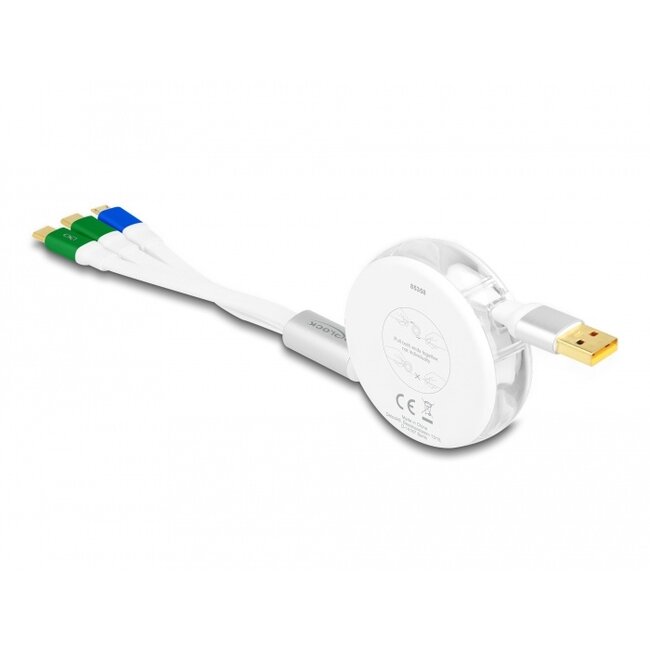 Delock USB 3 in 1 Retractable Charging Cable Type-A to Micro USB / 2 x USB Type-C™ with Fast Charging white