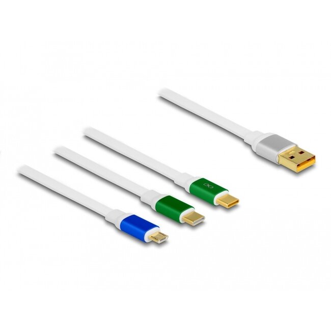 Delock USB 3 in 1 Retractable Charging Cable Type-A to Micro USB / 2 x USB Type-C™ with Fast Charging white