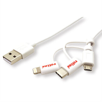 Roline ROLINE USB 2.0  lightning sync & oplaadkabel Type A - Type C / 8-pins / USB MicroB, wit, 1 m