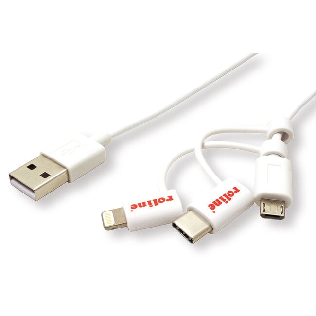 ROLINE USB 2.0  lightning sync & oplaadkabel Type A - Type C / 8-pins / USB MicroB, wit, 1 m