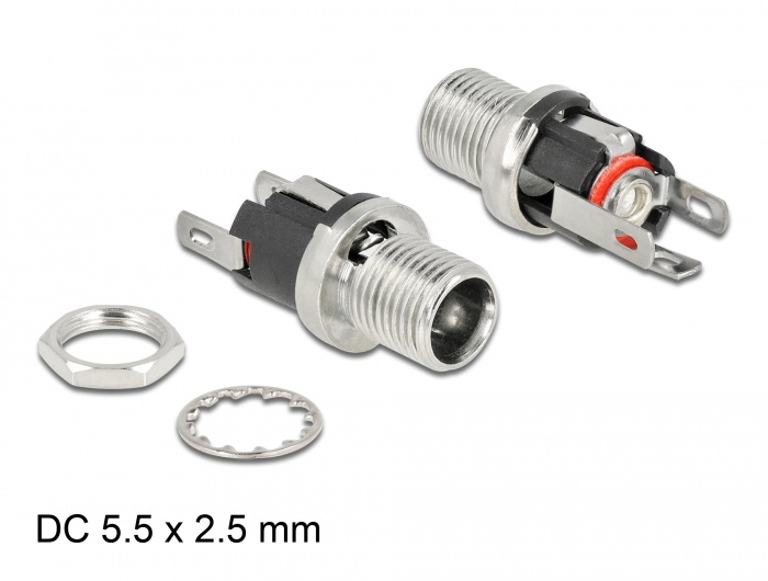 DeLOCK 90057. Aansluiting(en): 1 x DC 5.5 x 2.5 x 12.0 mm, Kleur van het product: Roestvrijstaal, Geslacht connector: Vrouwelijk. Binnen afmeting (diameter): 2,5 mm, Outer diameter
