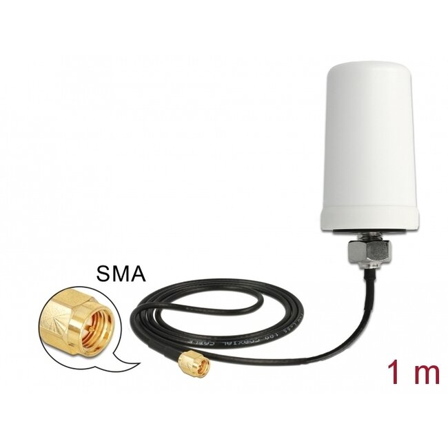 Delock WLAN 802.11 ac/a/h/b/g/n Antenna SMA plug 1.4 - 3.0 dBi omnidirectional with connection cable ULA100 1 m white outdoor