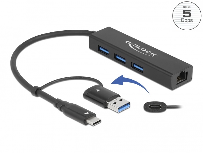 DeLOCK 64149 interface hub USB 3.2 Gen 1 (3.1 Gen 1) Type-A + Type-C Zwart