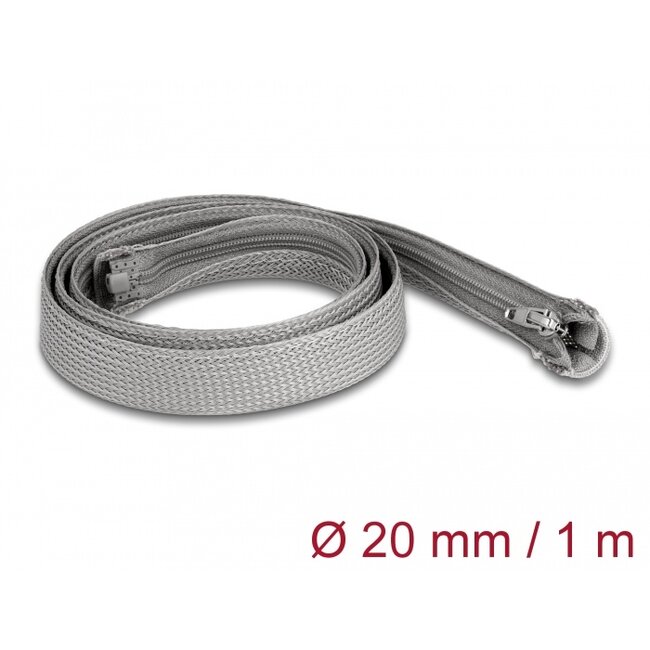 Delock Braided Sleeve with zip fastener heat-resistant 1 m x 20 mm grey