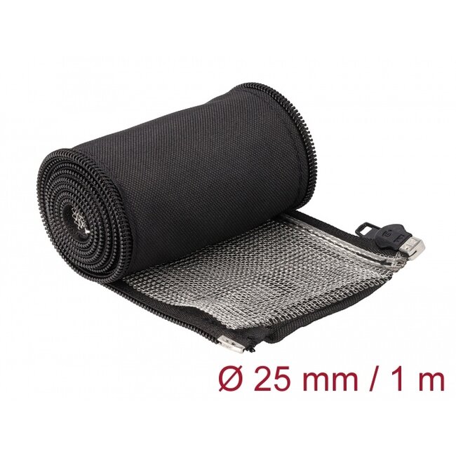Delock EMI Shielding braided sleeve with zip heat resistant 1 m x 25 mm black