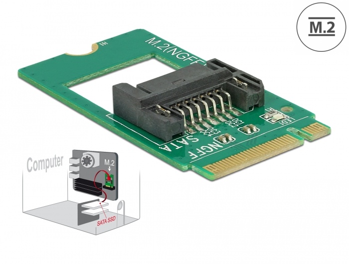 DeLOCK 62876. Hostinterface: M.2, Output interface: SATA. Kleur van het product: Groen. Data transfer snelheid (max): 6 Gbit/s. Breedte: 22 mm, Diepte: 42 mm, Hoogte: 5 mm. Type ve