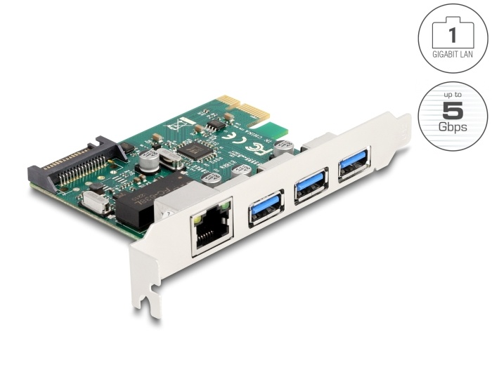 Delock PCI Express x1 Card to 3 x USB 5 Gbps Type-A female + 1 x Gigabit LAN |