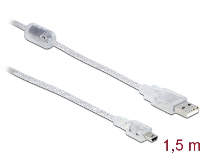 DeLOCK 1.5m, USB2.0-A/USB2.0 Mini-B. Lengte snoer: 1,5 m, Aansluiting 1: USB A, Aansluiting 2: Mini-USB B, USB-versie: USB 2.0, Geslacht connector: Mannelijk/Mannelijk, Maximale ov