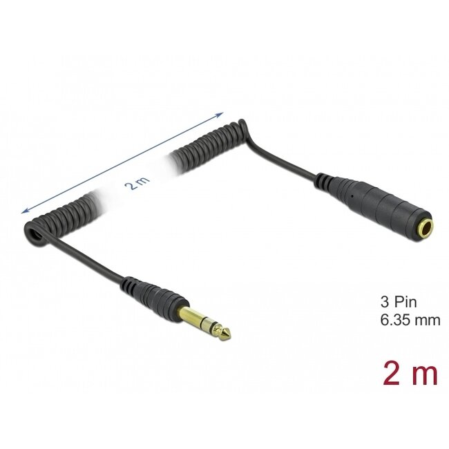 Delock Coiled Cable Extension 3 pin 6.35 mm Stereo Jack male to Stereo Jack female 2 m black