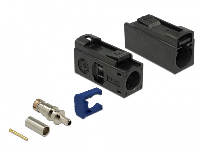 DeLOCK 89685. Aansluiting 1: FAKRA A, Geslacht connector: Mannelijk, Contact geleider materiaal: Goud. Breedte: 13,8 mm, Diepte: 25 mm, Hoogte: 9,5 mm. Type verpakking: Polybag, Aa