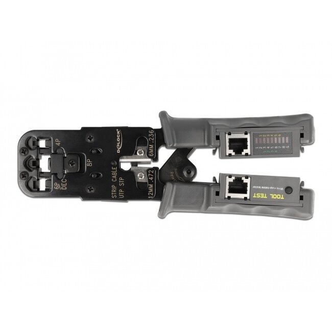 Delock Crimp tool with stripper and network tester for 8P (RJ45), 6P (RJ12/11), 6P DEC or 4P (RJ10) plugs