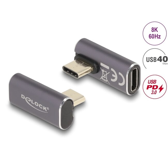 Delock USB Adapter 40 Gbps USB Type-C™ PD 3.0 100 W male to female rotated angled left / right 8K 60 Hz metal