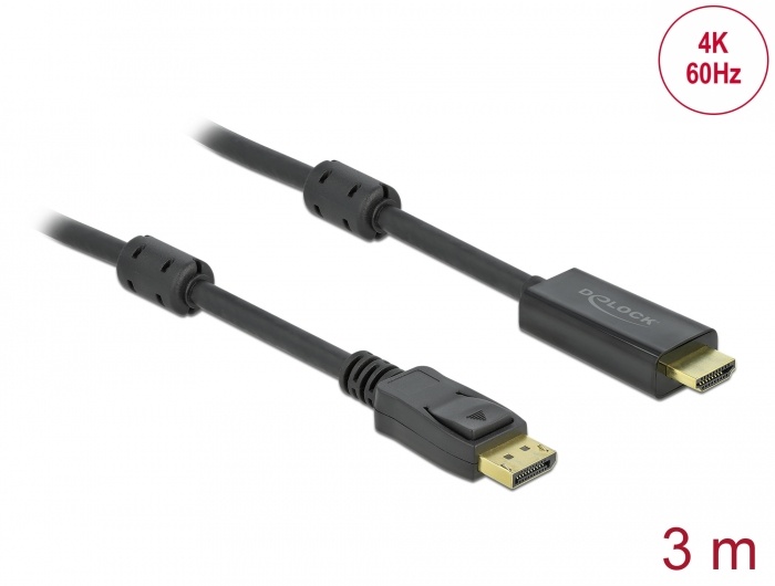 DeLOCK 85957. Snoerlengte: 3 m, Aansluiting 1: DisplayPort, Aansluiting 2: HDMI. Diameter van de kabel: 7,2 mm. Aantal per verpakking: 1 stuk(s), Type verpakking: Polybag