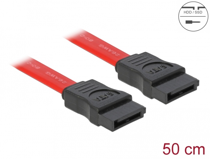 DeLOCK SATA Cable - 0.5m. Lengte snoer: 0,5 m, Soort kabel: SATA II, Kleur van het product: Rood