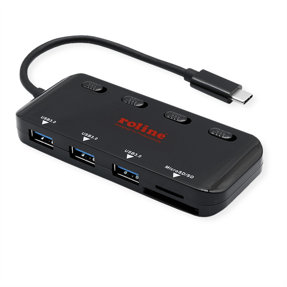 Roline ROLINE 14.02.5059. Hostinterface: USB 3.2 Gen 1 (3.1 Gen 1) Type-C, Hub-interfaces: USB 3.2 Gen 1 (3.1 Gen 1) Type-A, Compatibele geheugenkaarten: MicroSD (TransFlash). Over