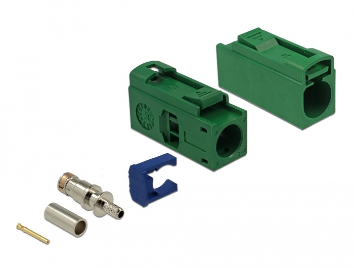 DeLOCK 89689. Aansluiting 1: FAKRA E, Geslacht connector: Mannelijk, Contact geleider materiaal: Goud. Breedte: 13,8 mm, Diepte: 25 mm, Hoogte: 9,5 mm. Type verpakking: Polybag, Aa